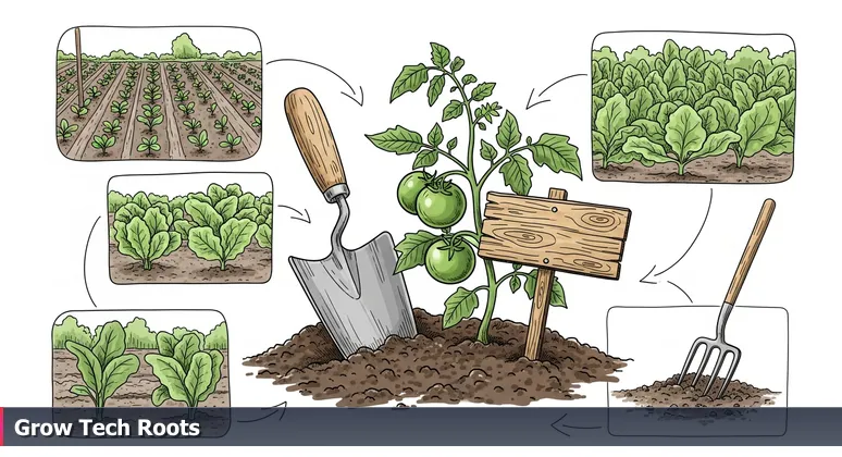 A community garden plot in Modesto with soil, a trowel, and labeled plants, symbolizing the cultivation of free tech training skills.