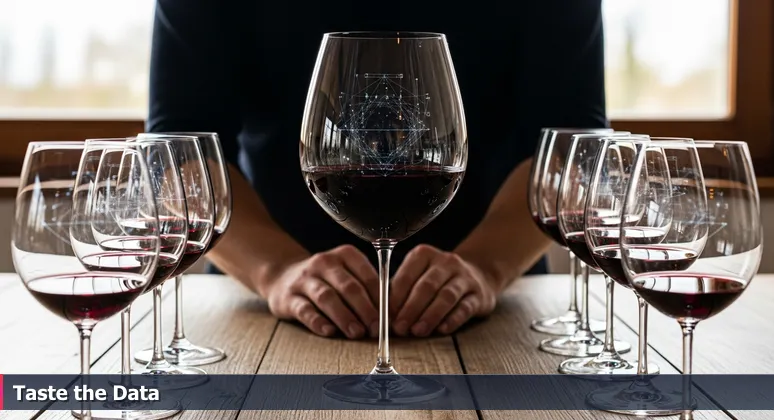 Close-up of a sommelier's hands holding a glass of red wine from Modesto, with subtle data streams and geometric patterns reflecting in the liquid, symbolizing AI integration in local industries.