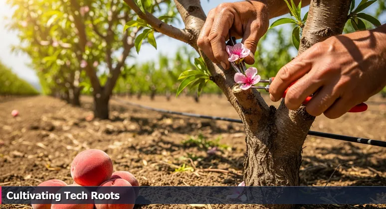 Weathered hands grafting a peach tree scion onto sturdy rootstock in a sunlit Modesto orchard, with the Tuolumne River visible in the background.