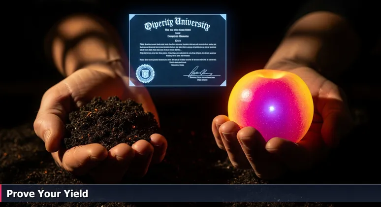 Hands holding a ripe peach and a blurred diploma in Central Valley soil, symbolizing skills over degrees in Modesto's 2026 tech job market.