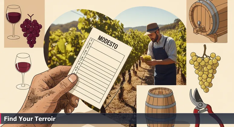 A hand in a Modesto vineyard holds a wine tasting scorecard with soil-stained fingers, while a winemaker inspects grapes in the background, symbolizing the search for authentic tech job opportunities.