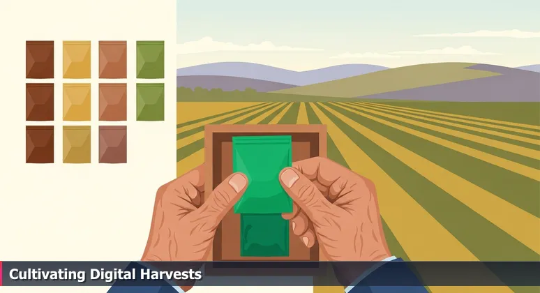 Weathered hands selecting seed packets from a wooden box labeled Heritage Varieties, with a Central Valley field in background, symbolizing cultivation of women in tech talent in Modesto.