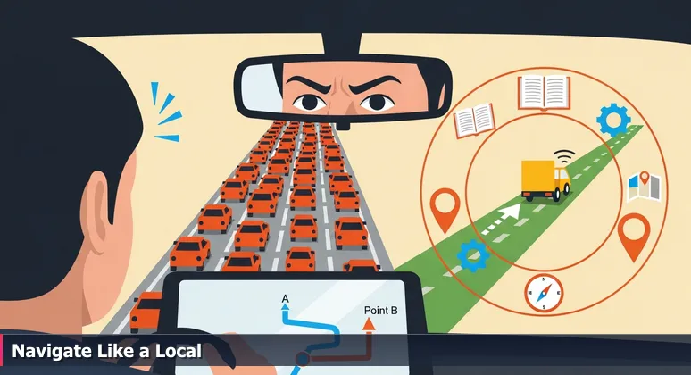 Driver's view of a GPS showing traffic on Olathe's K-10 highway, with a local truck taking a shortcut in the rearview mirror.