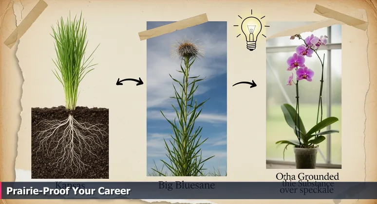 Close-up of deep prairie grass roots in Kansas soil contrasting with a fragile orchid in the background, symbolizing Olathe's resilient tech career environment for screen readers.