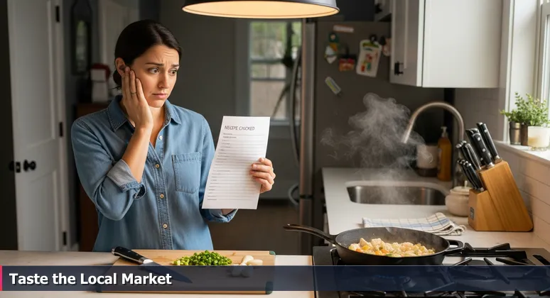 A frustrated home cook in a kitchen, holding a recipe card while looking at a failed stir-fry, symbolizing the challenge of generic AI roadmaps without local Olathe context.