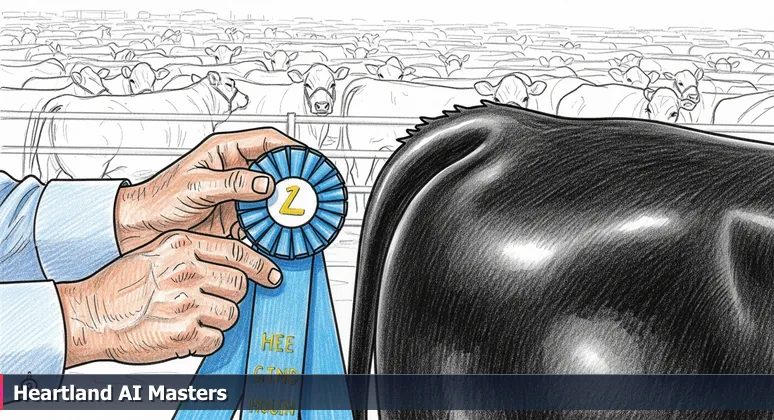 Close-up of weathered hands holding a blue ribbon against a glossy heifer at Johnson County Fair, symbolizing the ranking of AI startups in Olathe, Kansas.