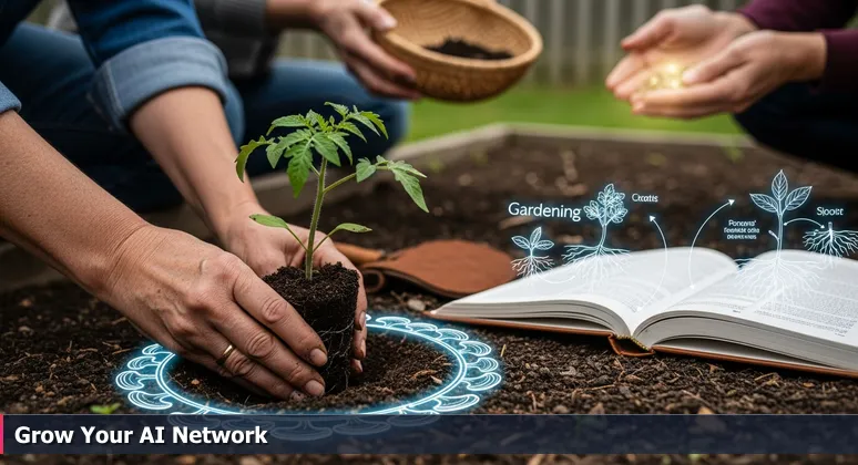 Hands planting a seedling in a community garden, symbolizing the growth of AI expertise through local networking events in Olathe, Kansas.