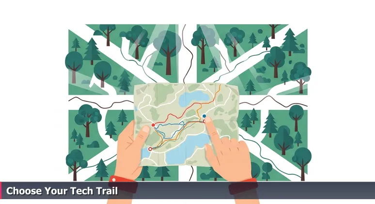 Close-up of hands holding a worn, multi-colored trail map at a forest crossroads, with sunlight illuminating diverging paths marked with colored blazes, symbolizing career choices in tech.