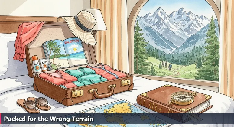 An open suitcase packed with beach gear on a bed, with a window view of snow-capped mountains, symbolizing cybersecurity job preparation mismatch in Olathe.