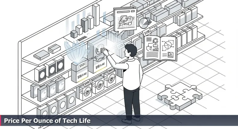 A shopper in a grocery aisle comparing price per ounce labels on cereal boxes, symbolizing cost-value analysis for tech careers in Olathe, KS.
