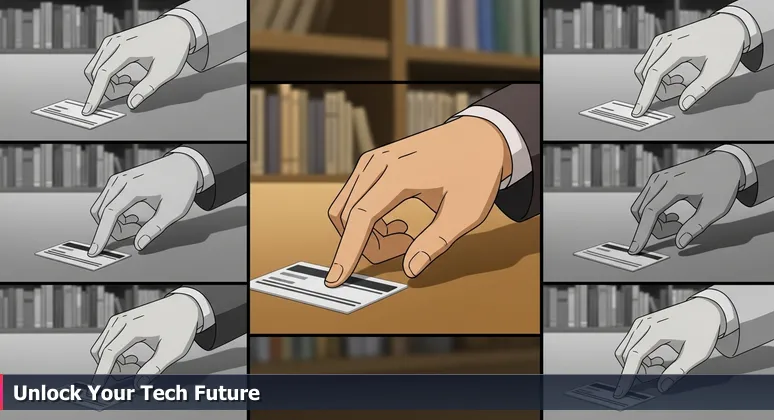 A hand hesitating over a library card on a public desk, with blurred bookshelves and a computer screen in the background, symbolizing access to free tech training in Olathe, Kansas.