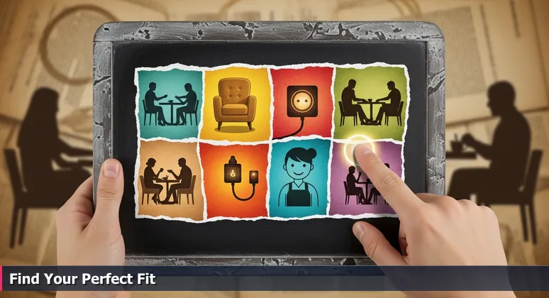 A person's hand pointing at a coffee shop chalkboard menu with options like 'Quiet Nook' and 'Group Project Table', representing the choice of tech workspaces in Olathe, KS.