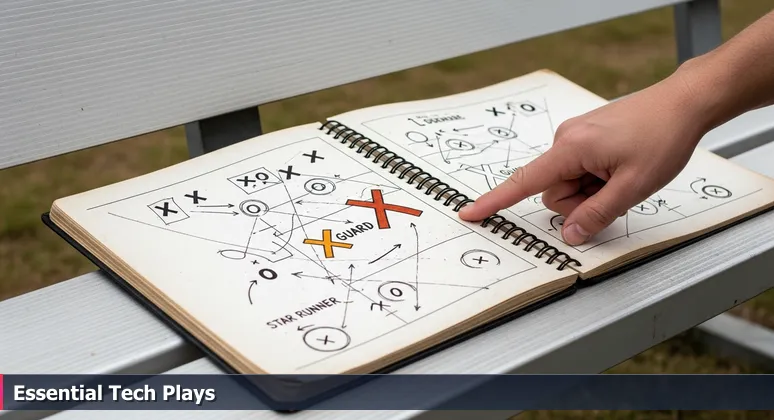 A worn football playbook open on a sideline bench, showing a diagram of a blocking scheme with a coach's hand pointing, symbolizing essential tech jobs in Olathe, KS.
