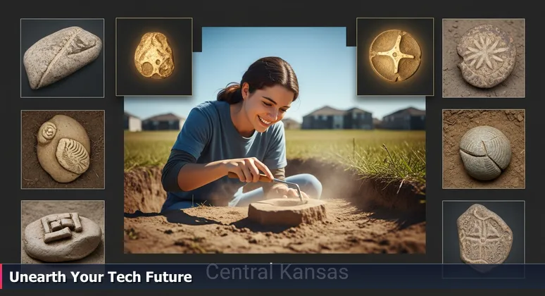 A young archaeologist carefully brushing dust from a stone artifact in a Kansas field with Olathe suburbs in the background, symbolizing the discovery of tech career opportunities for junior developers.