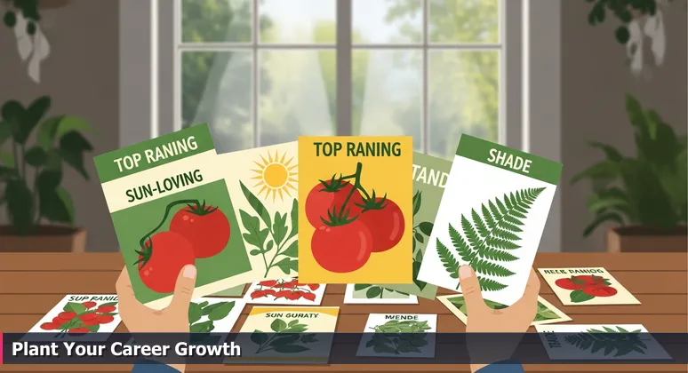 Hands holding seed packets for sun-loving tomato and shade-tolerant fern plants in a garden center, with a blurry backyard view through the window.