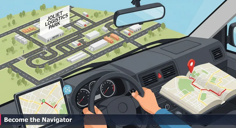 A delivery driver at dawn navigating the complex interchanges of Joliet Logistics Park, with a tablet showing a GPS route on the passenger seat, symbolizing AI navigation in local industries.