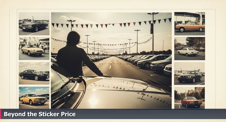 A person in a Joliet car lot touching a shiny car, looking towards the open road, symbolizing career choices beyond salary.