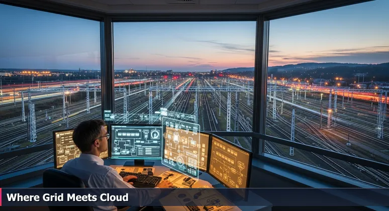 A control room operator in Joliet, IL, monitoring AI logistics data on screens at a railroad switchyard at dusk, with trains moving outside.