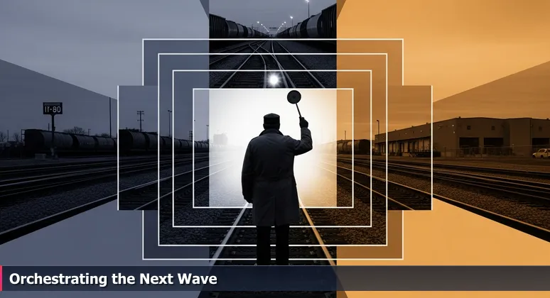 A conductor in a Joliet rail yard at dawn, with gloved hand raised, overseeing converging tracks and warehouse silhouettes, symbolizing AI innovation.
