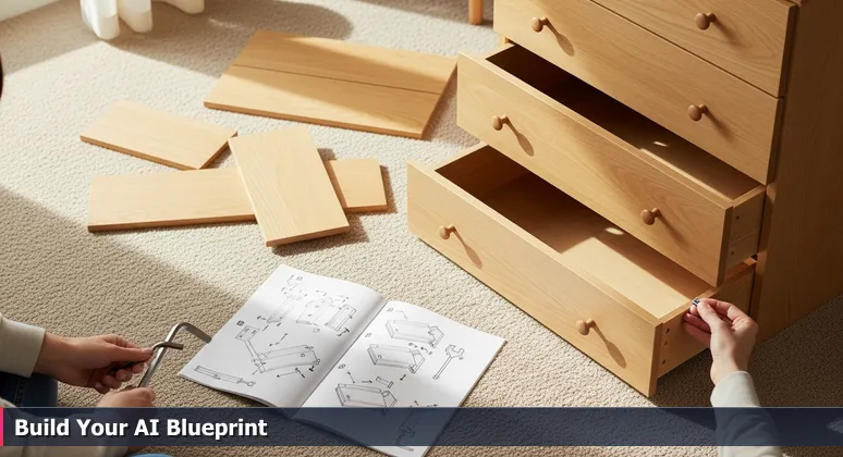 Hands holding an IKEA Allen wrench and confusing assembly diagram with half-built furniture in a Joliet apartment, symbolizing the challenge of building an AI career locally.