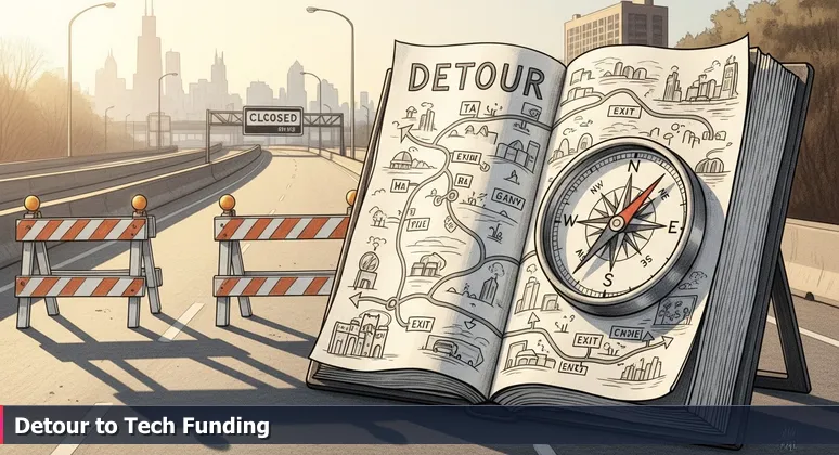 A closed highway on-ramp in Joliet with a detailed detour sign listing funding options for tech training, symbolizing alternative paths to AI and data careers in 2026.