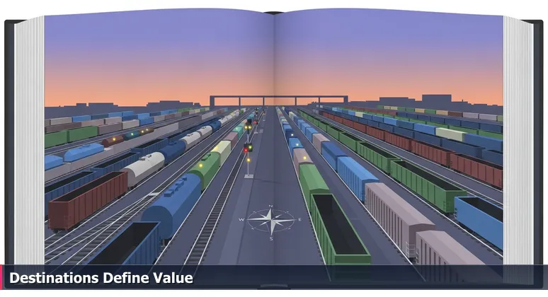 A twilight aerial view of the BNSF Joliet Rail Yard with freight cars and illuminated destination markers, symbolizing AI career paths and salary navigation.