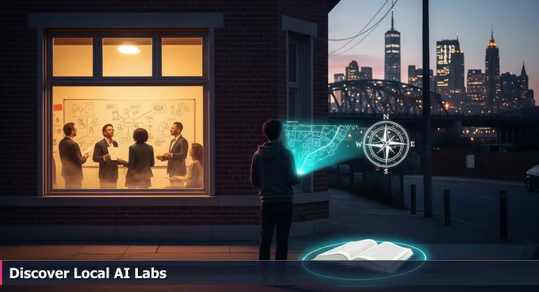 A person stands on a Joliet street at dusk, checking a phone map with Chicago's skyline in the distance. Inside a nearby building, a group discusses AI around a whiteboard with a sign reading 'AI Lab Tonight'.