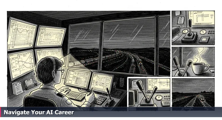 A railroad dispatcher in the Joliet Junction control tower at night, focused on monitors showing train schedules, with colored locomotive lights forming a network outside.