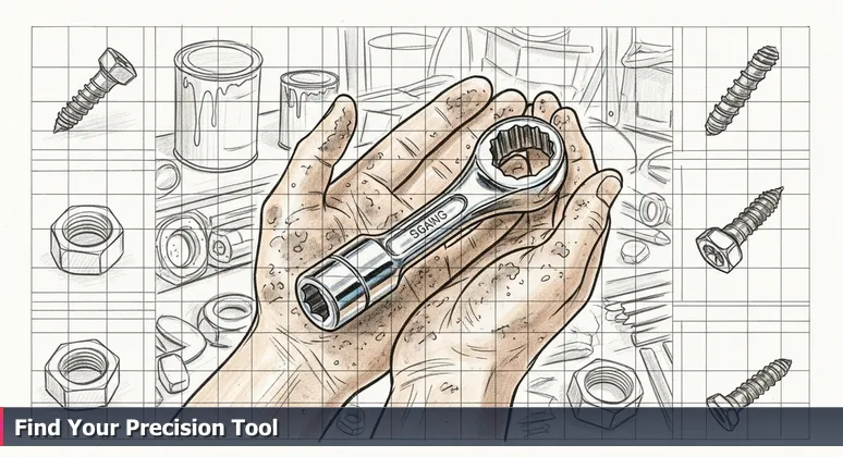 Close-up of dusty hands holding a vintage socket wrench in a cluttered garage sale toolbox, symbolizing finding the right tech career opportunity in Joliet, IL.