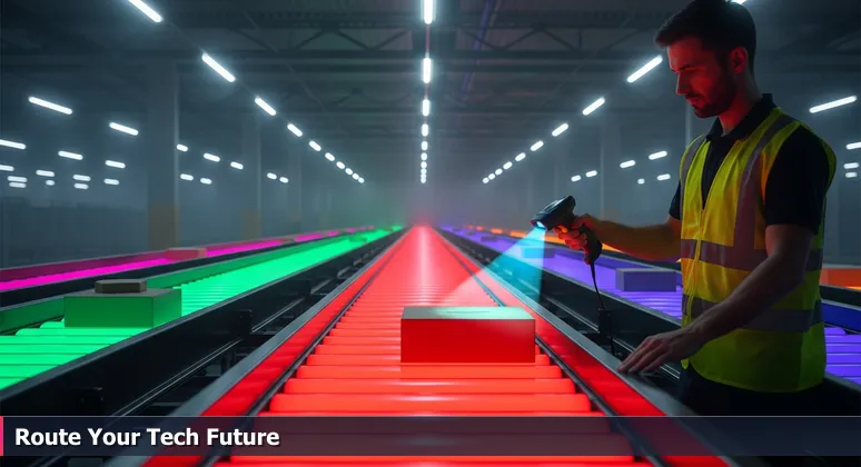 A warehouse worker in Joliet uses a scanner to route a package on conveyor belts, symbolizing the critical choice of AI bootcamp for advancing a tech career in the local logistics and healthcare sectors.