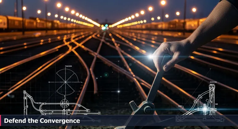 Close-up of a railroad switch operator's hand on a lever in a Joliet rail yard at dusk, symbolizing high-stakes cybersecurity decisions for 2026 jobs.