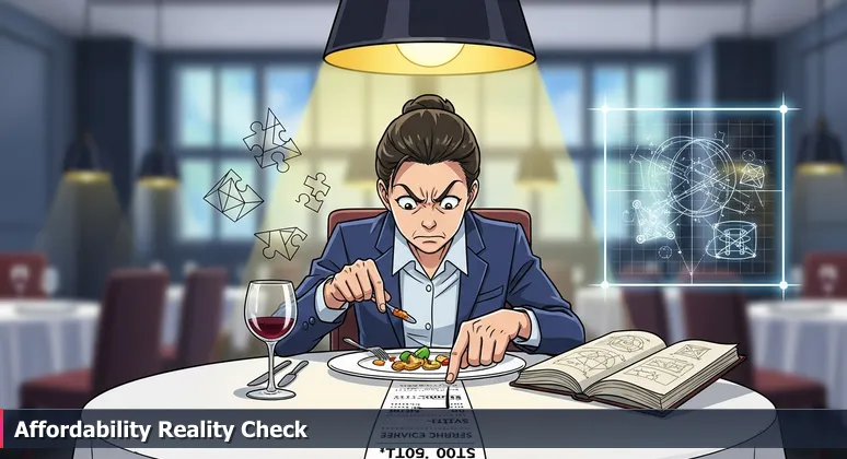 A person with a concerned expression examining a detailed restaurant bill on a table with empty plates, symbolizing the audit of tech salaries versus cost of living in Joliet.