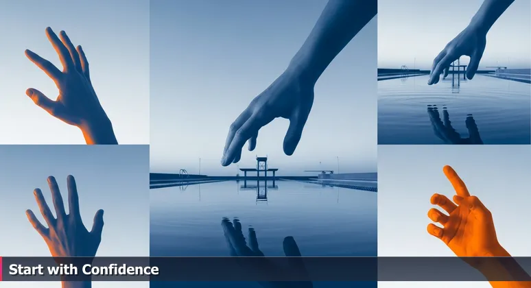 A hand hesitating over a reflective swimming pool, symbolizing the start of a tech learning journey in Joliet, IL.