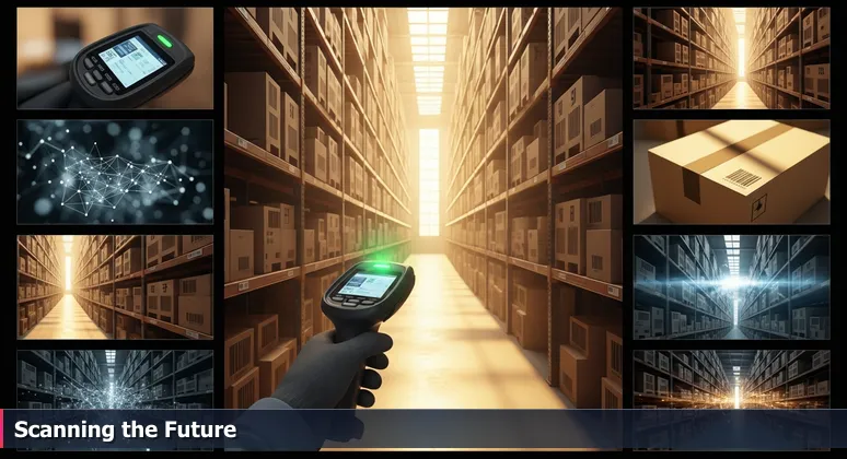 A warehouse aisle illuminated by golden hour sunlight, with a worker's hand holding a scanner that has just beeped, symbolizing hidden AI systems in Joliet's core industries.