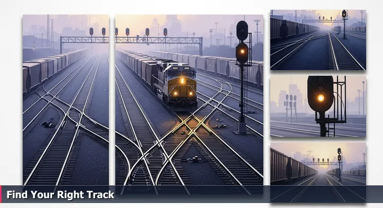 Aerial view of a railroad switching yard in Joliet at dawn, with tracks converging and a locomotive directing freight, symbolizing career alignment in tech.