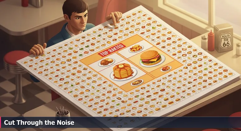 Hands holding a giant diner menu with hundreds of items, symbolizing the overwhelming job search for junior developers in Joliet's tech scene.