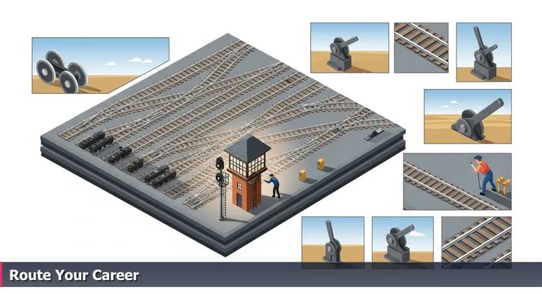 Historical black-and-white photo of Joliet Union Station rail yard in the 1920s, with converging tracks and a switch operator in a signal tower.