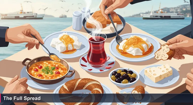A serpme breakfast table with various small plates and steaming çay glass, overlooking the Bosphorus in Istanbul, representing diverse tech compensation options.
