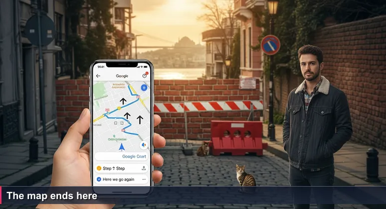 Person standing at a blocked street in Istanbul's Karaköy district, looking at smartphone with Google Maps showing a route that leads into a construction wall, a stray cat beside them, Bosphorus in background at golden hour.