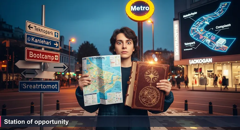 A young professional stands at a Taksim street corner holding a metro map, looking at directional signs pointing to Teknopark and bootcamp, with a yellow metro sign glowing in the background, conveying the complexity of finding funding routes.
