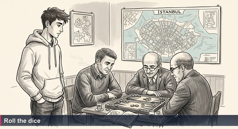 A young man watches two older men play backgammon in an Istanbul coffeehouse, steam rising from a çay glass on the table.