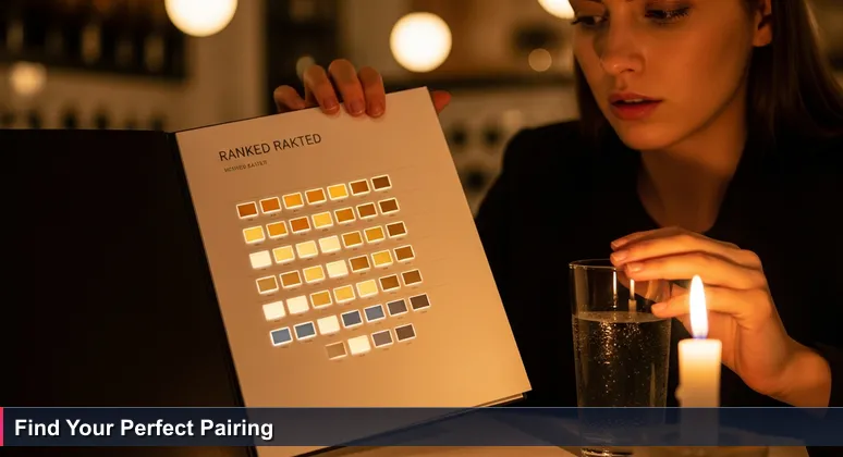Close-up of a hand holding an open wine list in a dimly lit Istanbul restaurant, candlelight reflecting on the page, with a diner's face showing contemplation and overwhelm.