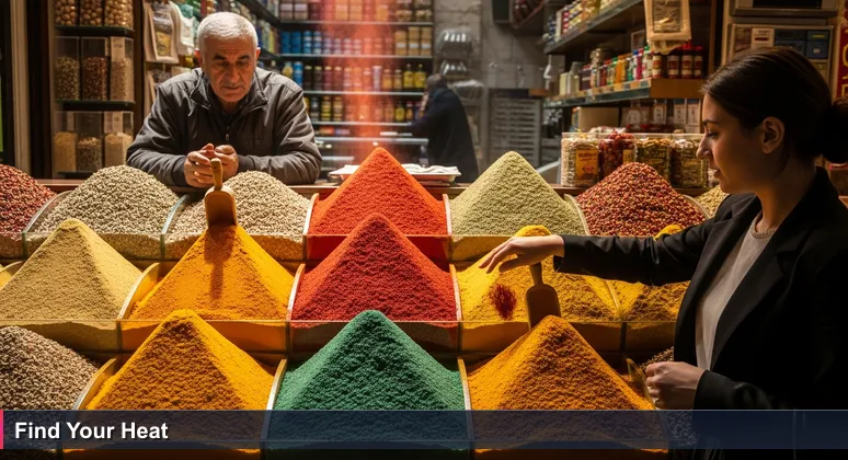 A young person at Istanbul's spice bazaar, hand hovering over piles of red peppers, representing the overwhelming choice in Turkey's tech internships.