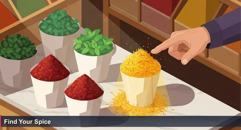 Three paper cones of yellow saffron, red sumac, and green mint at Mısır Çarşısı spice market in Istanbul, with vendor's hand pointing to the cones.