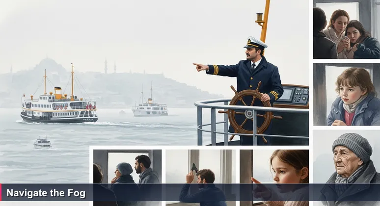 Ferry captain at the helm during a foggy Bosphorus crossing, one hand on the wheel, the other pointing toward an invisible shore. Passengers press against windows, trying to read ship names emerging from mist.