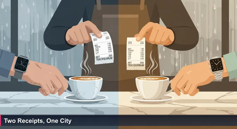 Two flat whites on a marble counter at a Kadıköy café with two hands reaching: one wearing a worn smartwatch, the other a premium model, and the barista holding two receipts, symbolizing the divide between local and remote tech salaries in Turkey.