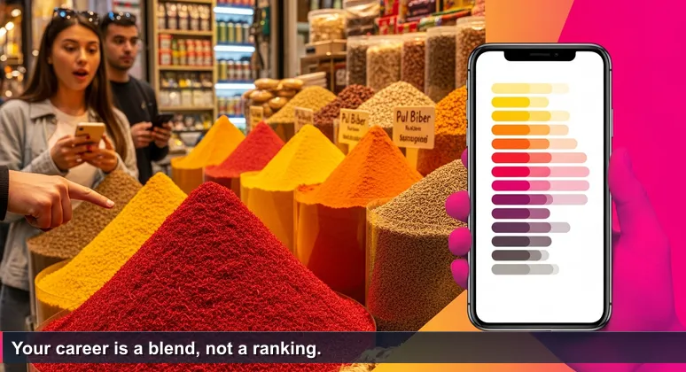 A woman in Istanbul's Spice Bazaar holds a phone showing a top 10 list, surrounded by colorful spice sacks, contemplating career choices.