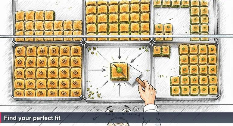 Customer standing at a glass baklava counter in Hafız Mustafa, Sirkeci, with a staff member's hand holding a wooden spatula over trays of pistachio, walnut, and kaymaklı baklava.