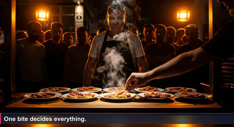 A sweaty hand hovers over a steaming plate of tantuni at a crowded İzmir street stall. The vendor watches a judge take the first bite, surrounded by rival cooks.