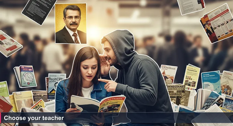 A freshman student at Istanbul University registration fair holds a course catalog while a senior student in a hoodie leans in and points to a professor's name, whispering advice.
